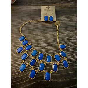 6/$25 Vintage NWT Studio S Gold & Blue Statement Drop Necklace & Earring Set